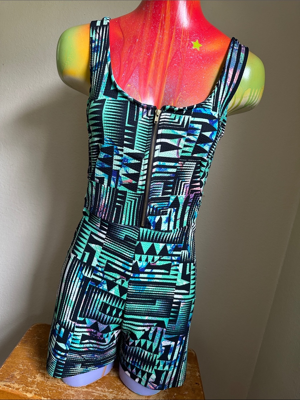 Printed Cutout Romper in Black and Teal